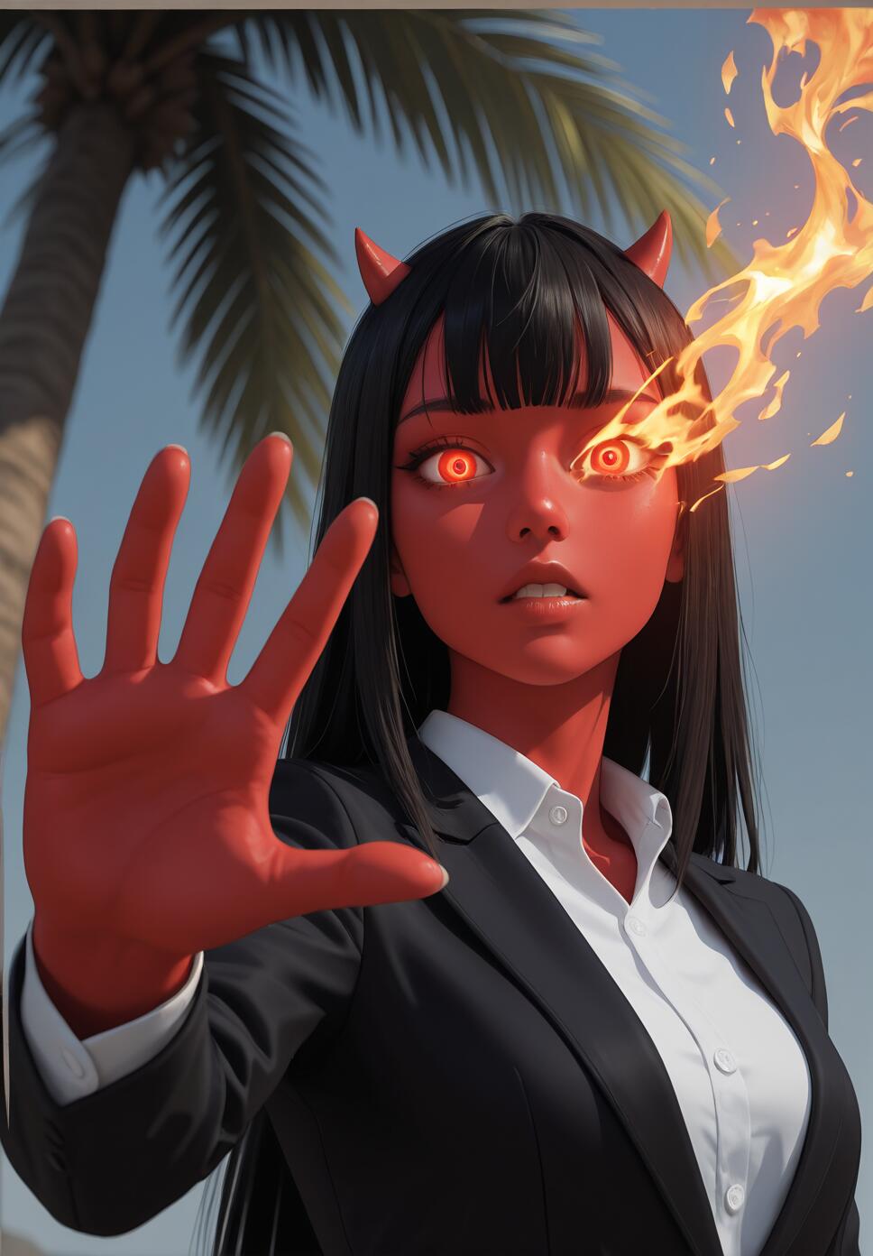An anime-style illustration of a demon girl with red skin, black hair, and horns. She wears a black suit, and a flame comes out of her glowing red eye as she holds her hand up to the viewer.