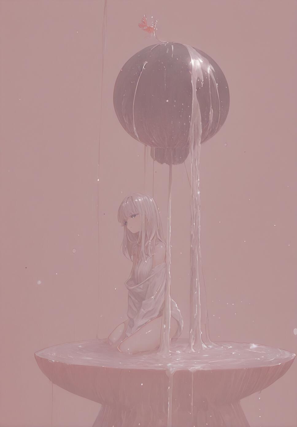 An anime girl with long white hair kneels in a fountain of white liquid, as a large dark sphere drips more of the liquid from above her, all in a pastel pink monochrome.