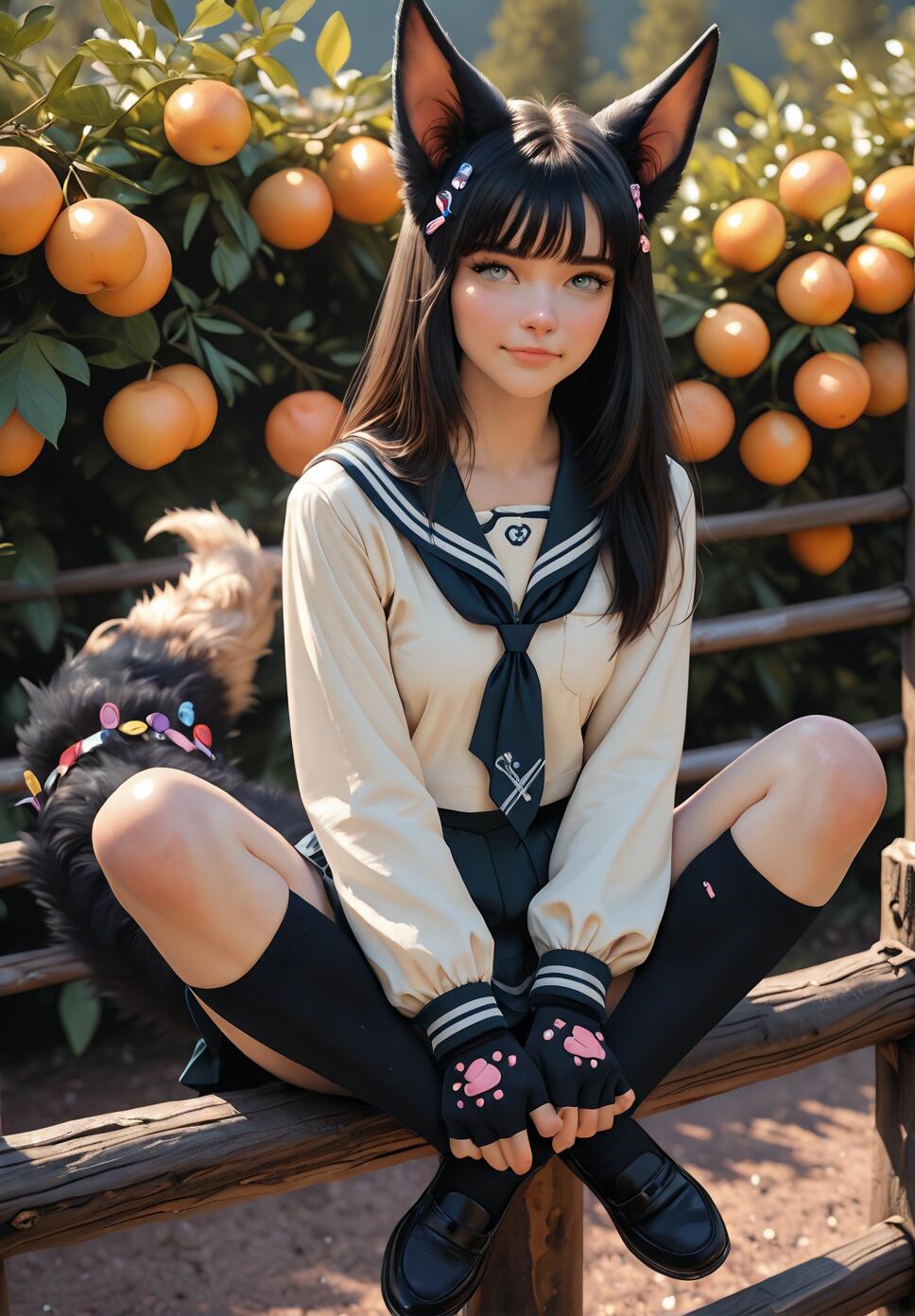A young woman with black fox ears and a fluffy tail, wearing a sailor school uniform and paw-print gloves, sits on a wooden fence in front of an orange tree.
