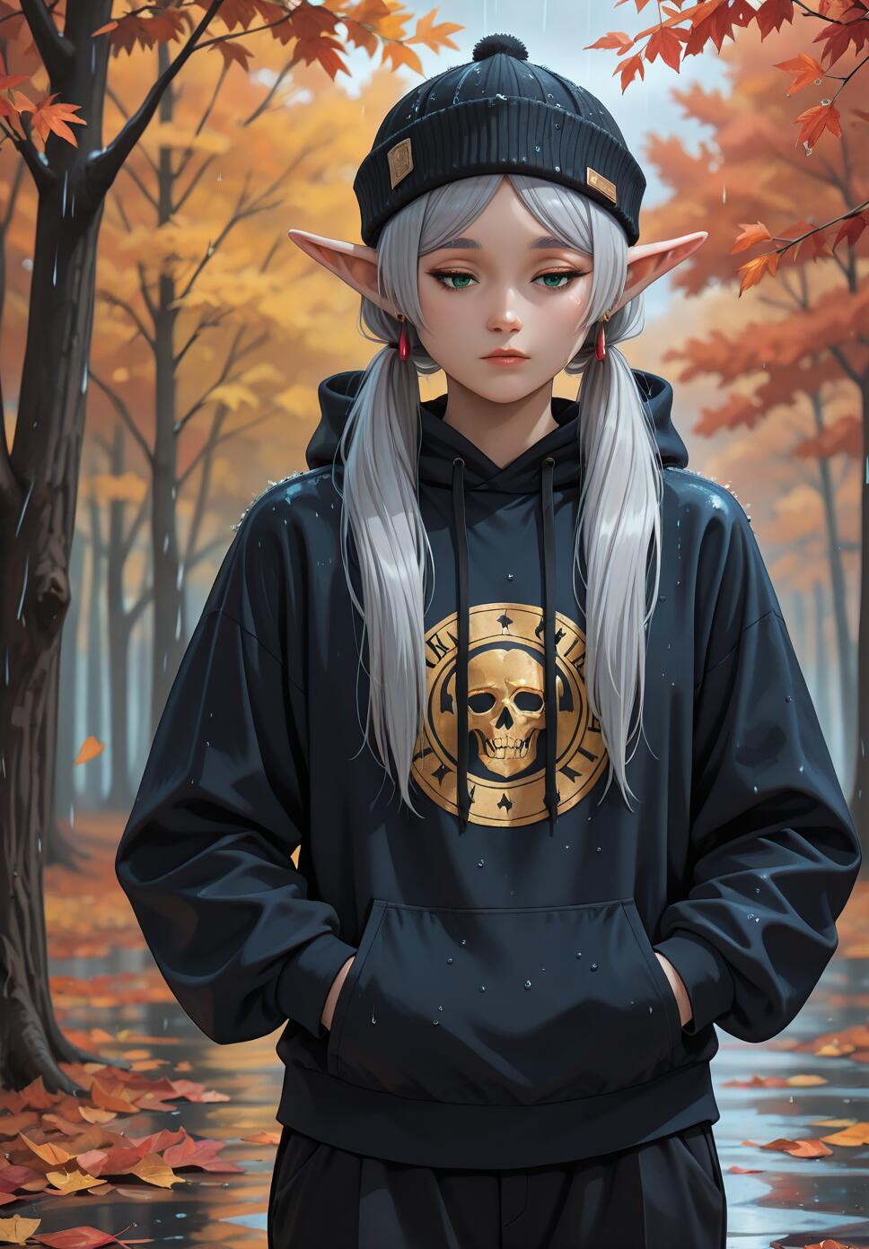An illustration of the elf Frieren from 'Frieren: Beyond Journey's End' wearing a black hoodie and beanie, standing in a rainy autumn forest with a sad expression.