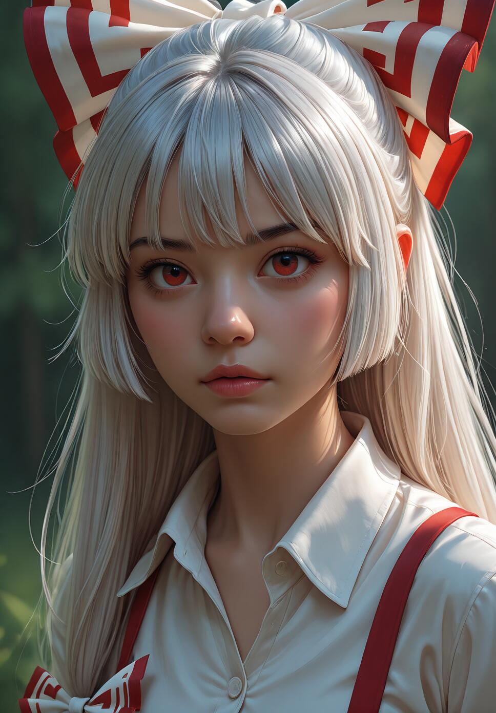 A realistic close-up portrait of Fujiwara no Mokou from Touhou Project. She has long silver hair, red eyes, and wears a large red and white bow, a white shirt, and red suspenders, looking directly at the viewer.