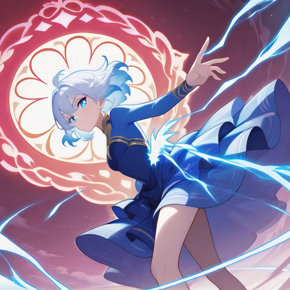 An anime-style digital painting of Furina from Genshin Impact. She has short white and blue hair and blue eyes, and wears a flowing blue dress. She is in a dynamic pose, surrounded by glowing blue electricity, with a large, intricate red magical circle behind her.
