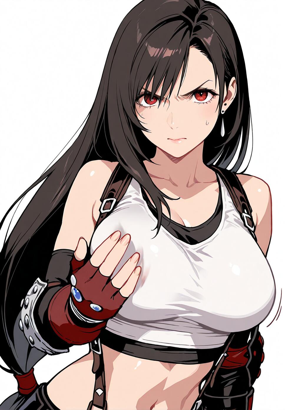 An illustration of an angry Tifa Lockhart from Final Fantasy VII Rebirth with long black hair and red eyes, raising her red-gloved hand in a threatening gesture against a white background.