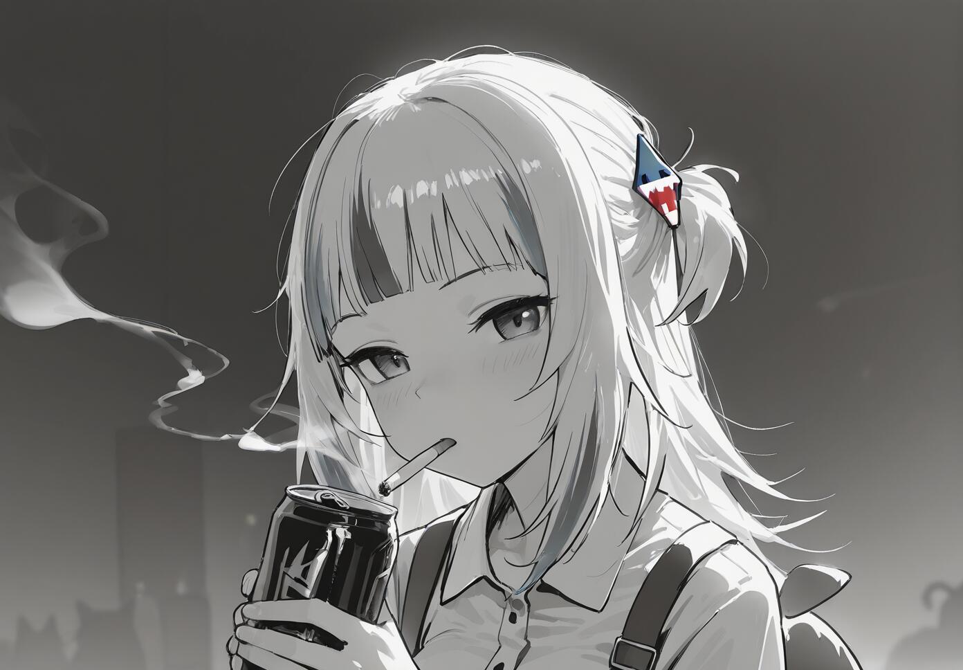 A black and white anime-style illustration of Gawr Gura, a girl with short white hair and a shark-shaped hair clip. She holds a black can in one hand and has a lit cigarette in her mouth, with smoke curling upwards. She looks directly at the viewer with a tired expression against a dark, blurry background.