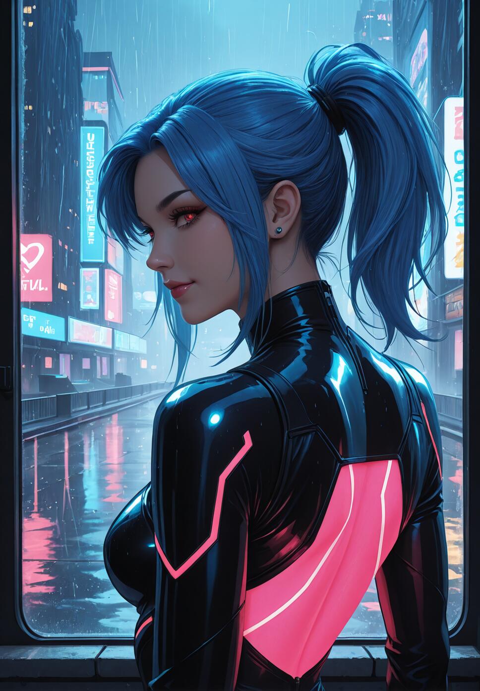 A woman with vibrant blue hair in a high ponytail and a black and pink glowing bodysuit looks over her shoulder, with a rainy cyberpunk cityscape visible behind her through a window.