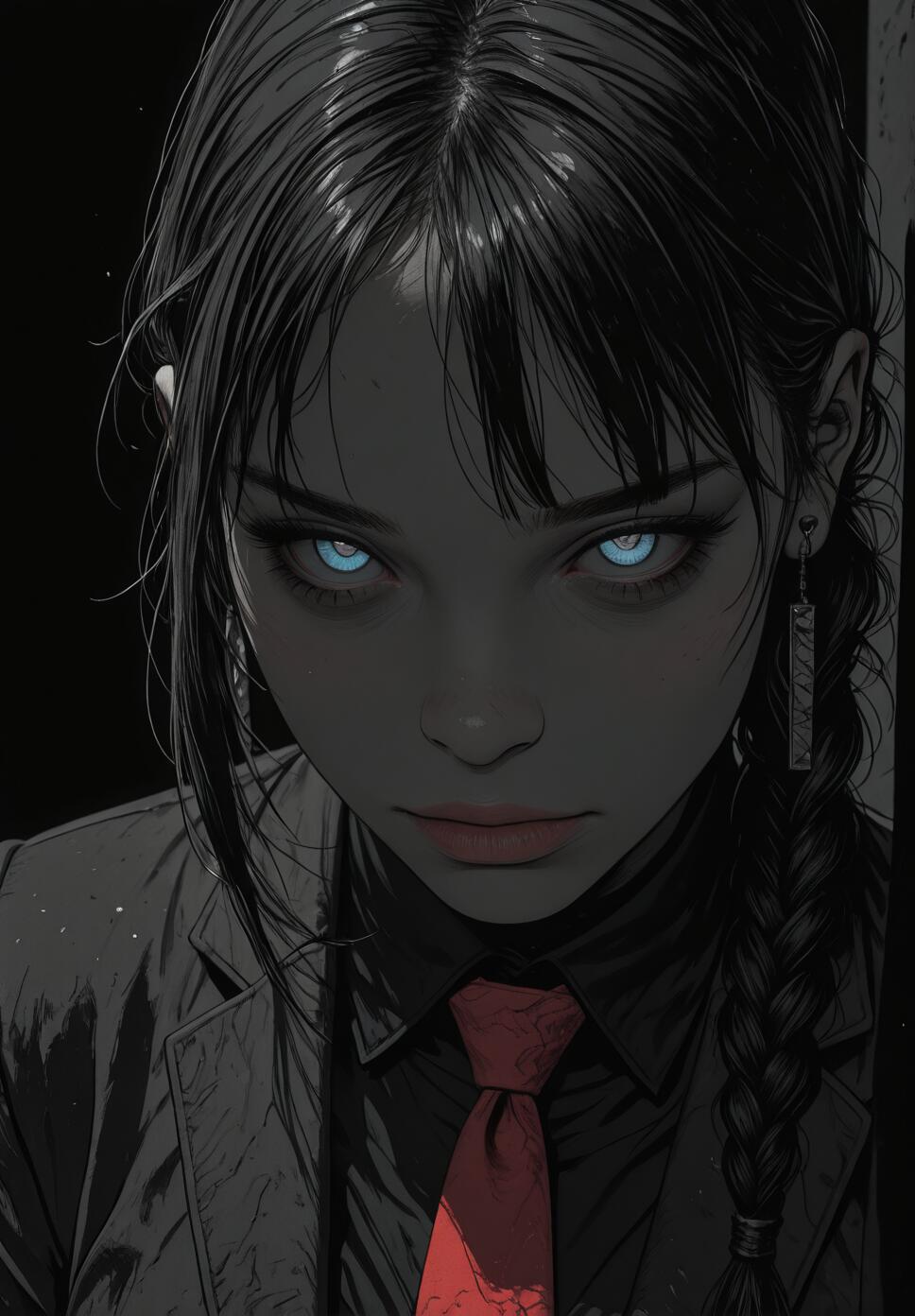 A close-up illustration of a young woman with black hair in a single braid and glowing light-blue eyes. She wears a black blazer and shirt with a red tie, and looks intensely forward from a darkly lit background.