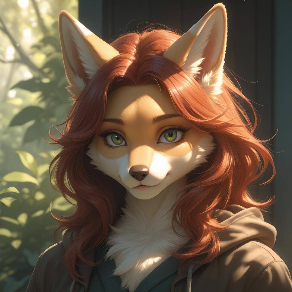 A head-and-shoulders portrait of a female anthropomorphic fox character with wavy red hair, green eyes, and orange and white fur, wearing a brown hoodie in a sunlit, leafy setting.