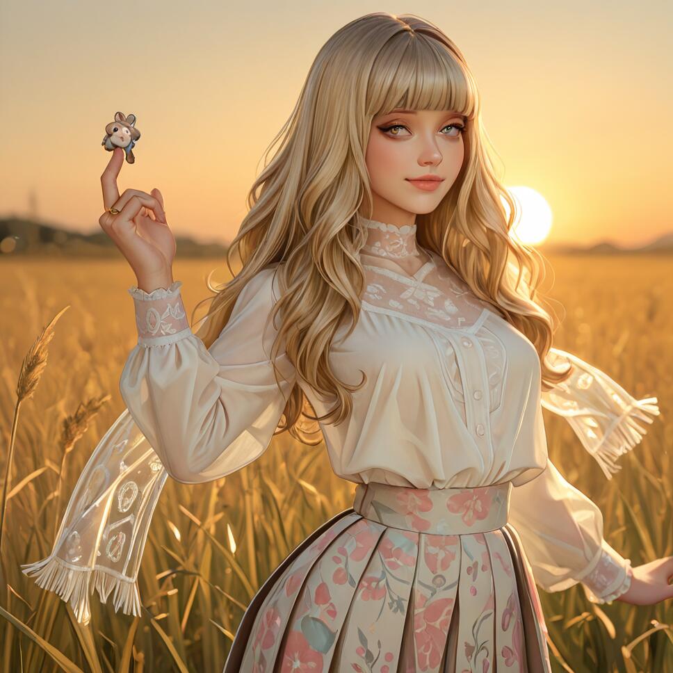 A young woman with long blonde hair and bangs stands in a golden wheat field at sunset. She wears a white blouse and a floral skirt, smiling softly as she balances a tiny animal figurine on her fingertip.