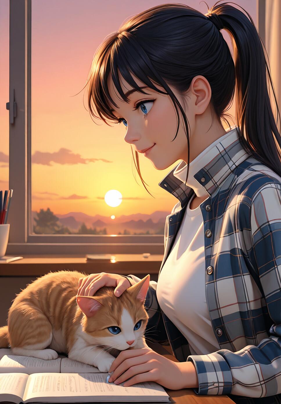 An anime-style girl with black hair in a ponytail, wearing a plaid shirt, sits at a desk and pets a small ginger and white cat that is lying on an open book, with a sunset visible through the window behind them.