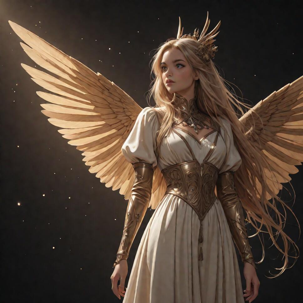 A beautiful young woman with long blonde hair and large golden wings, dressed as a fantasy angel in a white gown, golden corset, and crown, against a starry night sky.