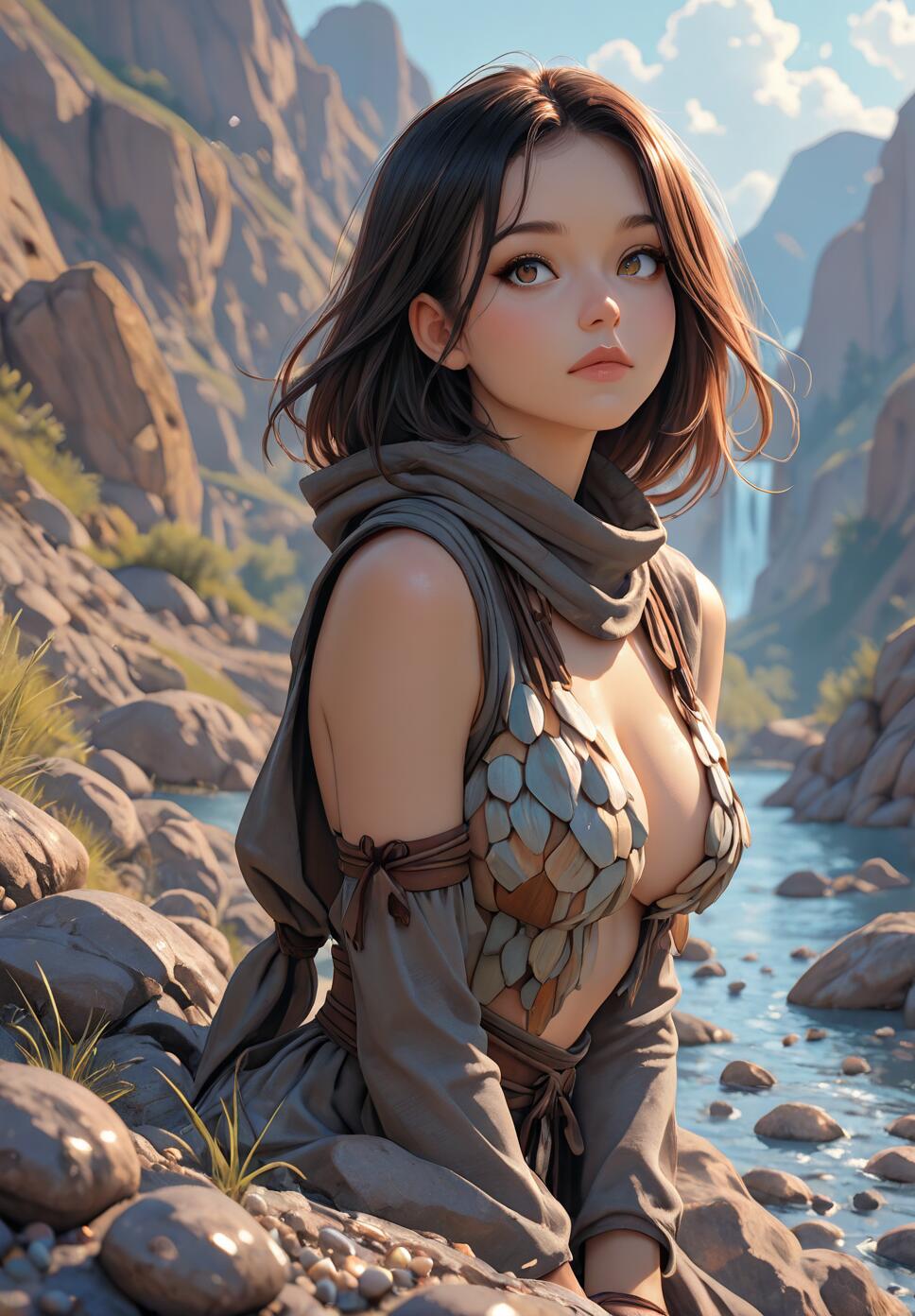 A digital illustration of a young woman with brown hair and large eyes, wearing a fantasy outfit with a pebble-scale top, sitting by a rocky stream in a mountain canyon.