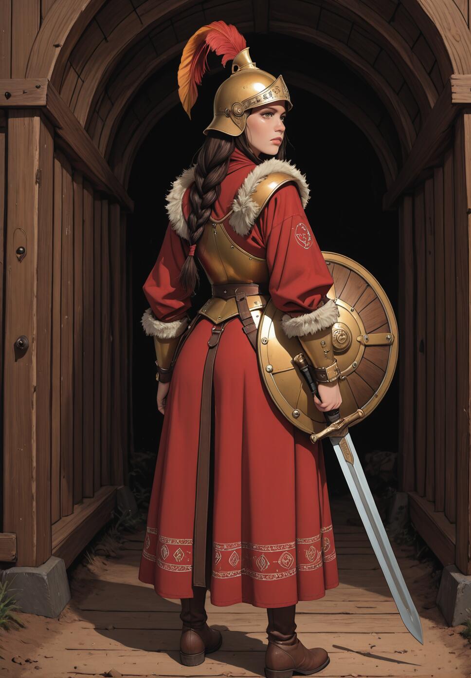 A full-length view from behind of a female warrior in a red surcoat and golden armor. She wears a plumed helmet, holds a longsword and a round shield, and stands in the arched gateway of a wooden fortress.