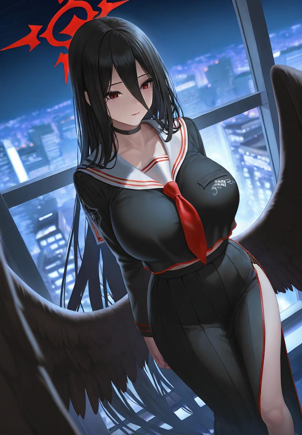 Hanekawa Hasumi from Blue Archive, an anime-style character with long black hair, red eyes, a red halo, and large black wings, wearing a black school uniform while looking out a window at a sprawling city at night.