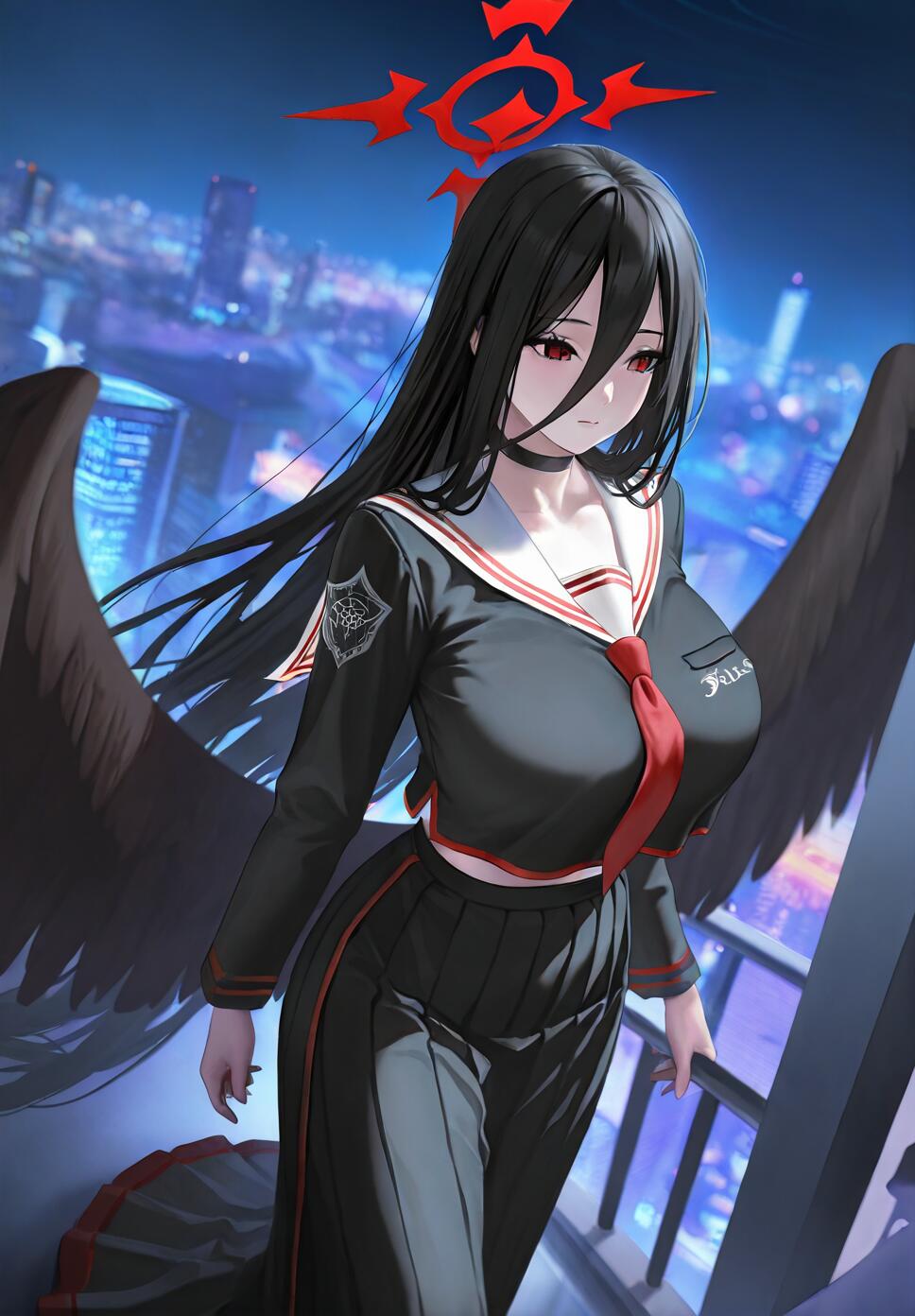 Hanekawa Hasumi from Blue Archive, an anime-style girl with long black hair, red eyes, black wings, and a red halo, standing on a balcony overlooking a neon-lit city at night while wearing a black school uniform.
