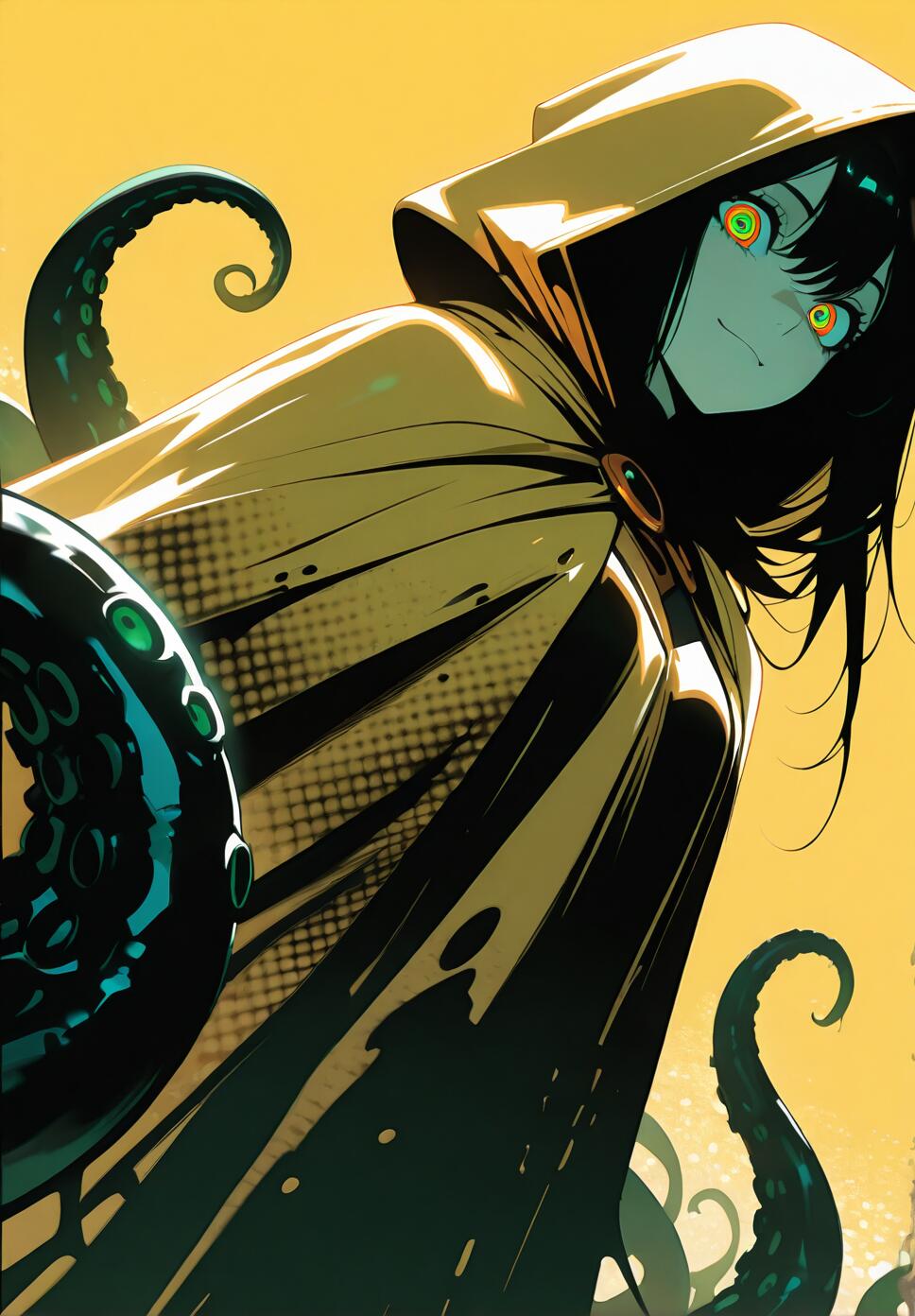 An anime-style illustration of a girl personifying Hastur, The King in Yellow. She has black hair, intense yellow ringed eyes, and wears a yellow hooded cloak. Dark green tentacles surround her against a bright yellow background.