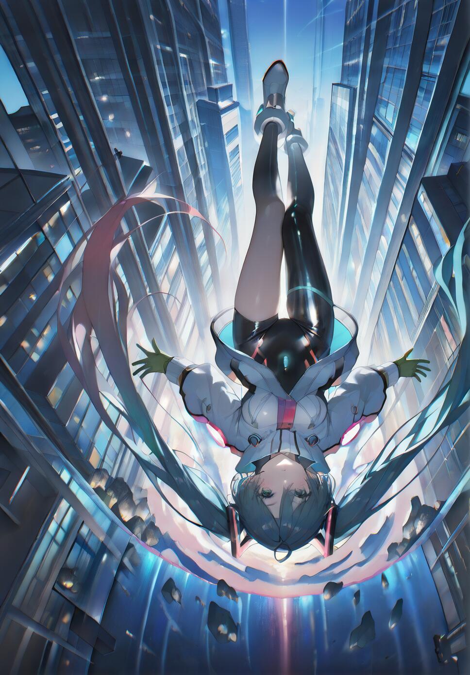 A vertical anime illustration of Hatsune Miku falling upside down between tall, futuristic skyscrapers. She wears a white jacket and black bodysuit, with her long teal twintails flowing around her as she looks towards the viewer.