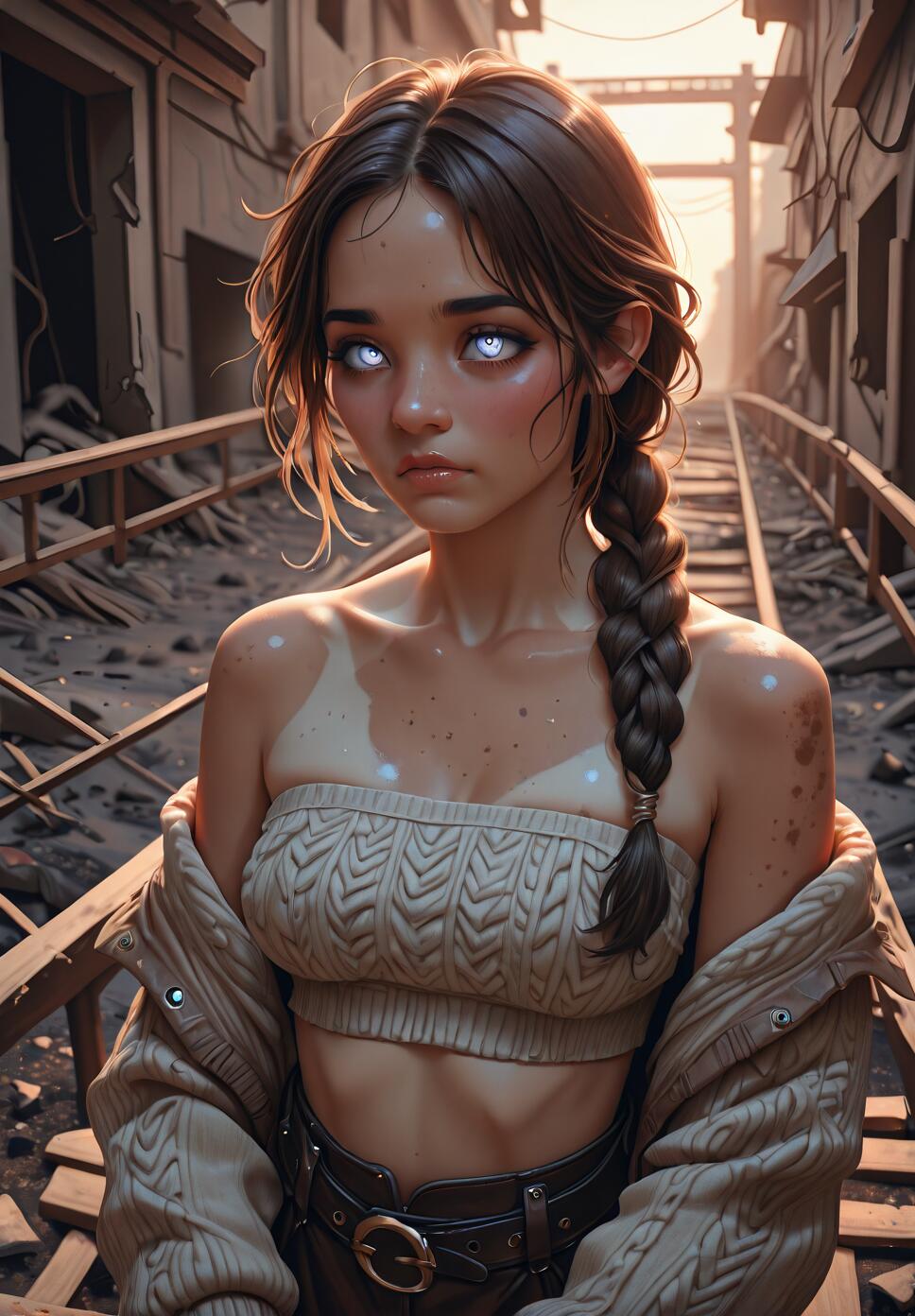 A young woman with glowing white eyes and braided brown hair stands in a ruined city. She wears a knit tube top and an open cardigan, looking sadly at the viewer against a backdrop of urban decay and a broken bridge at sunset.