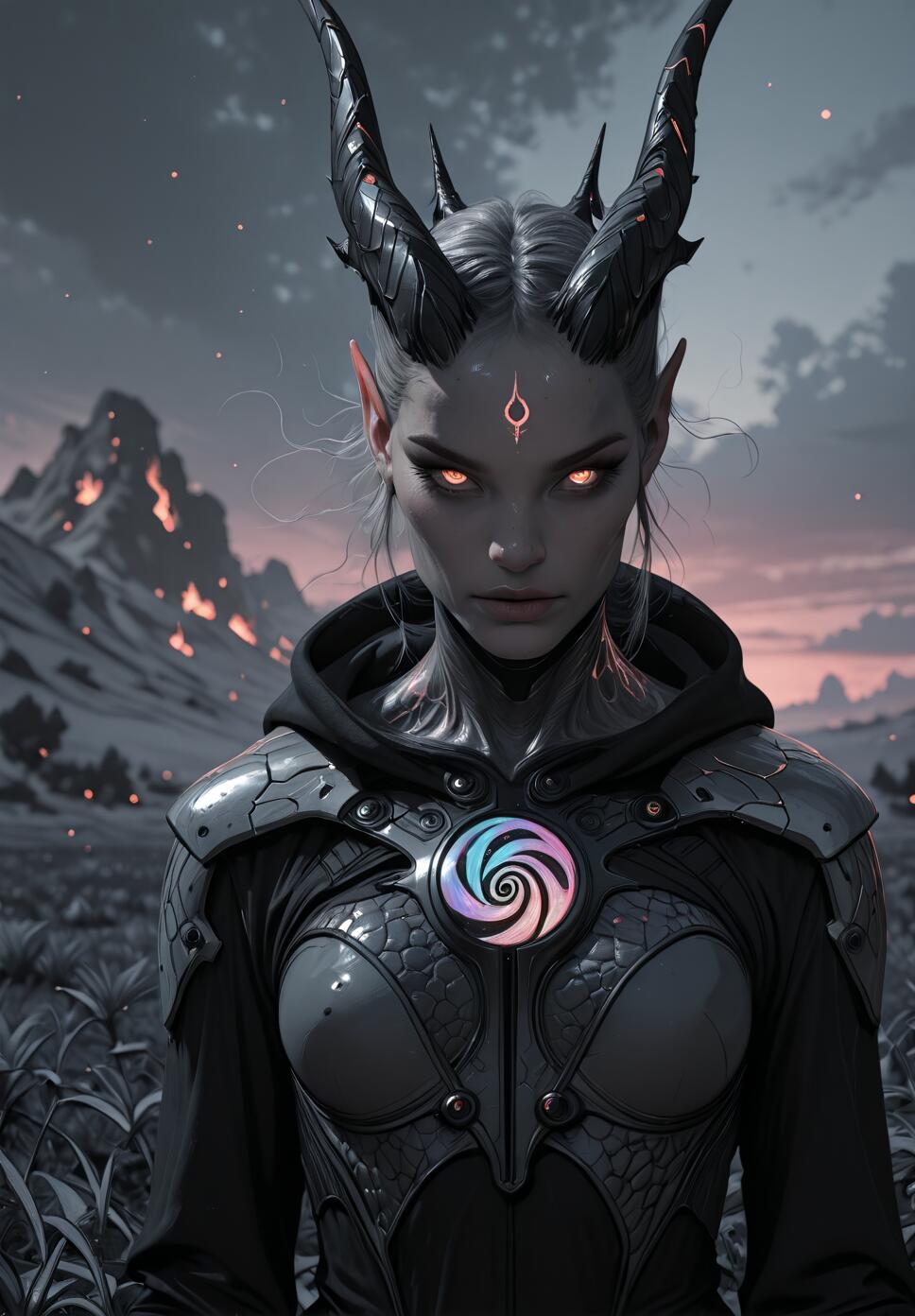 A fantasy portrait of a woman with large black horns, pointed ears, and glowing orange eyes. She wears dark armor with a colorful glowing spiral on the chest and stands in a bleak landscape with fiery mountains in the background.