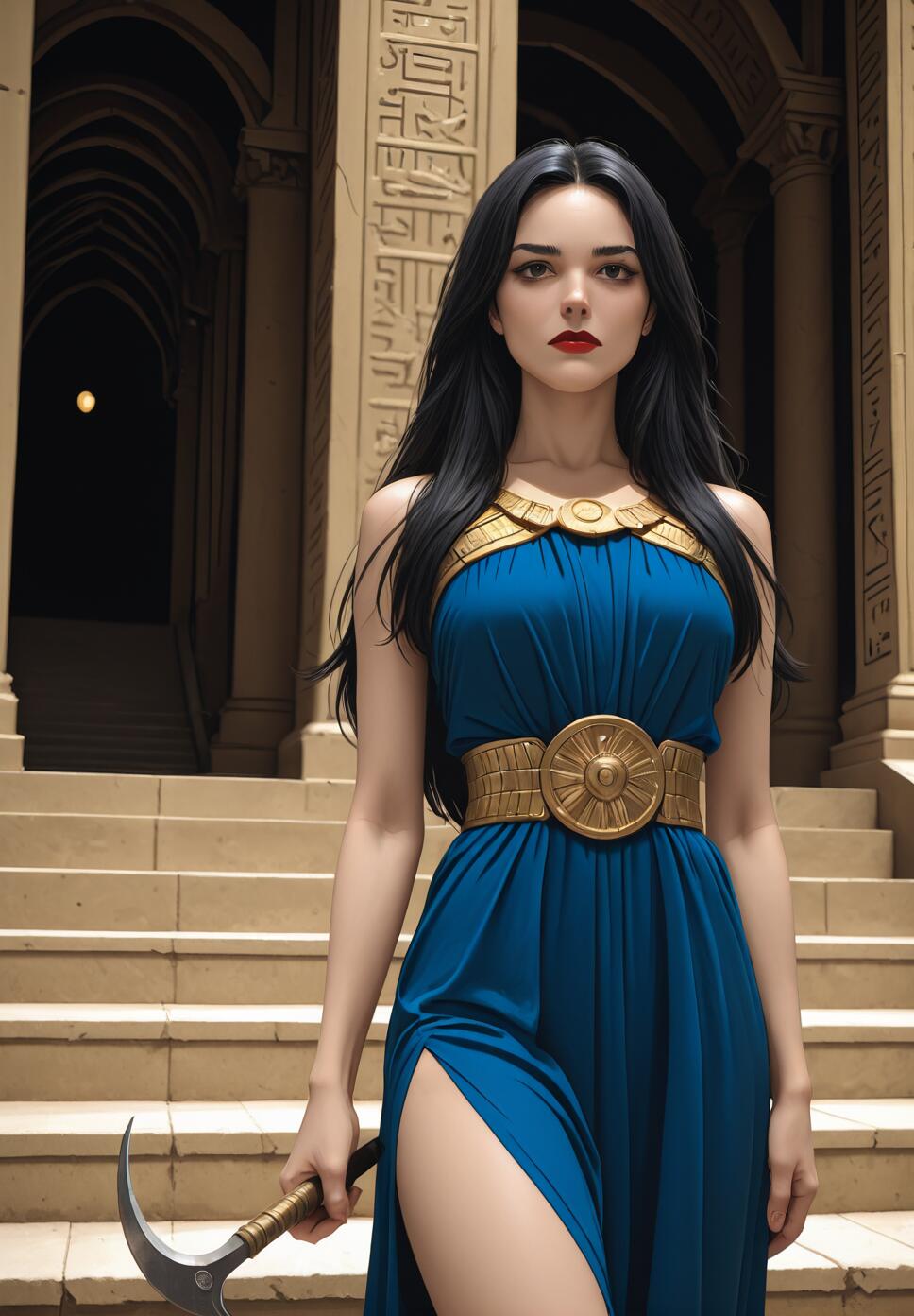 A portrait of the Sumerian goddess Inanna, a woman with long black hair and red lips, wearing a blue gown and gold belt while holding a sickle-sword on the steps of an ancient temple.