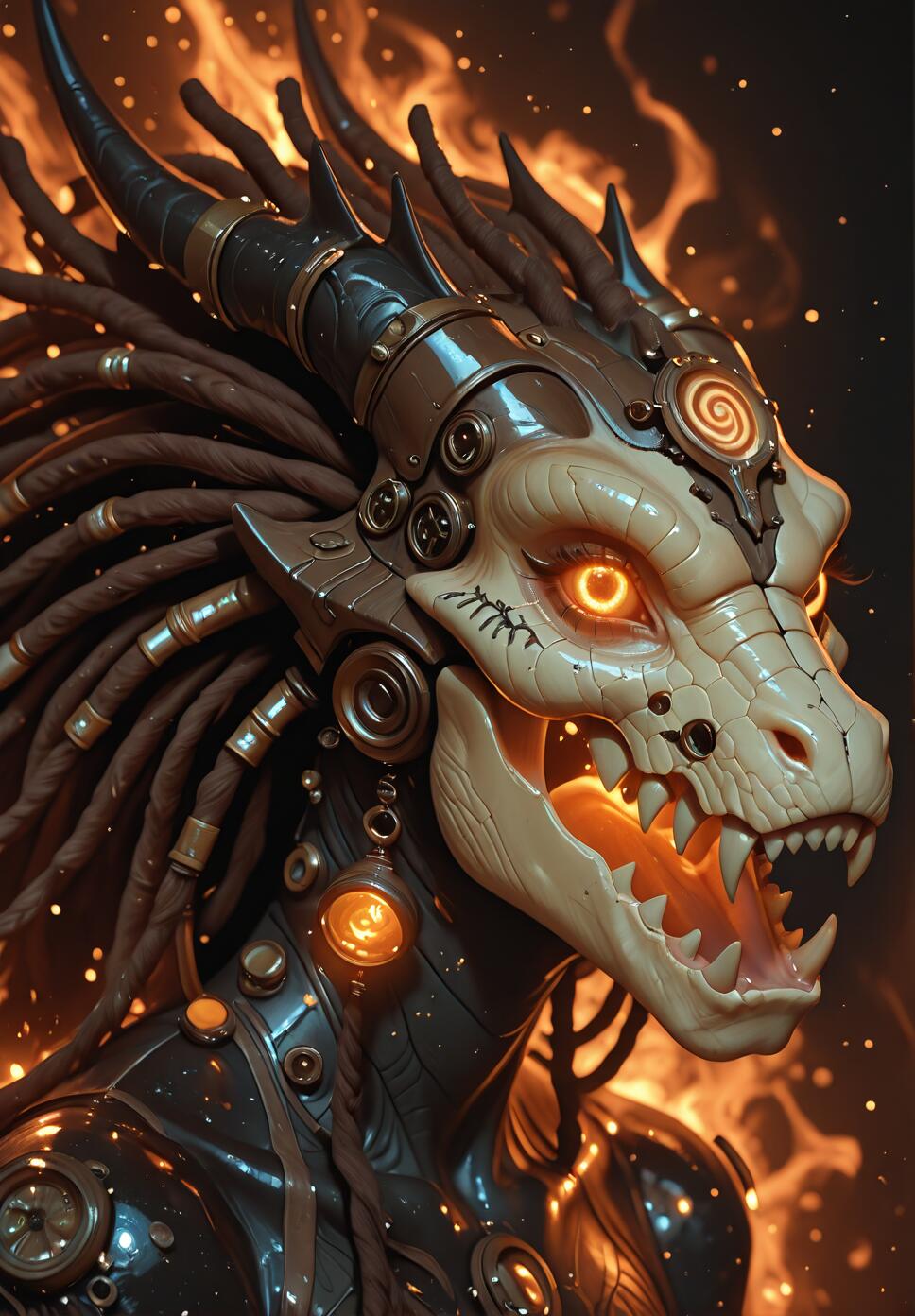 A close-up portrait of a fierce steampunk dragon with a white skull-like face, glowing orange eyes, metallic horns, and brown dreadlocks, set against a fiery background.