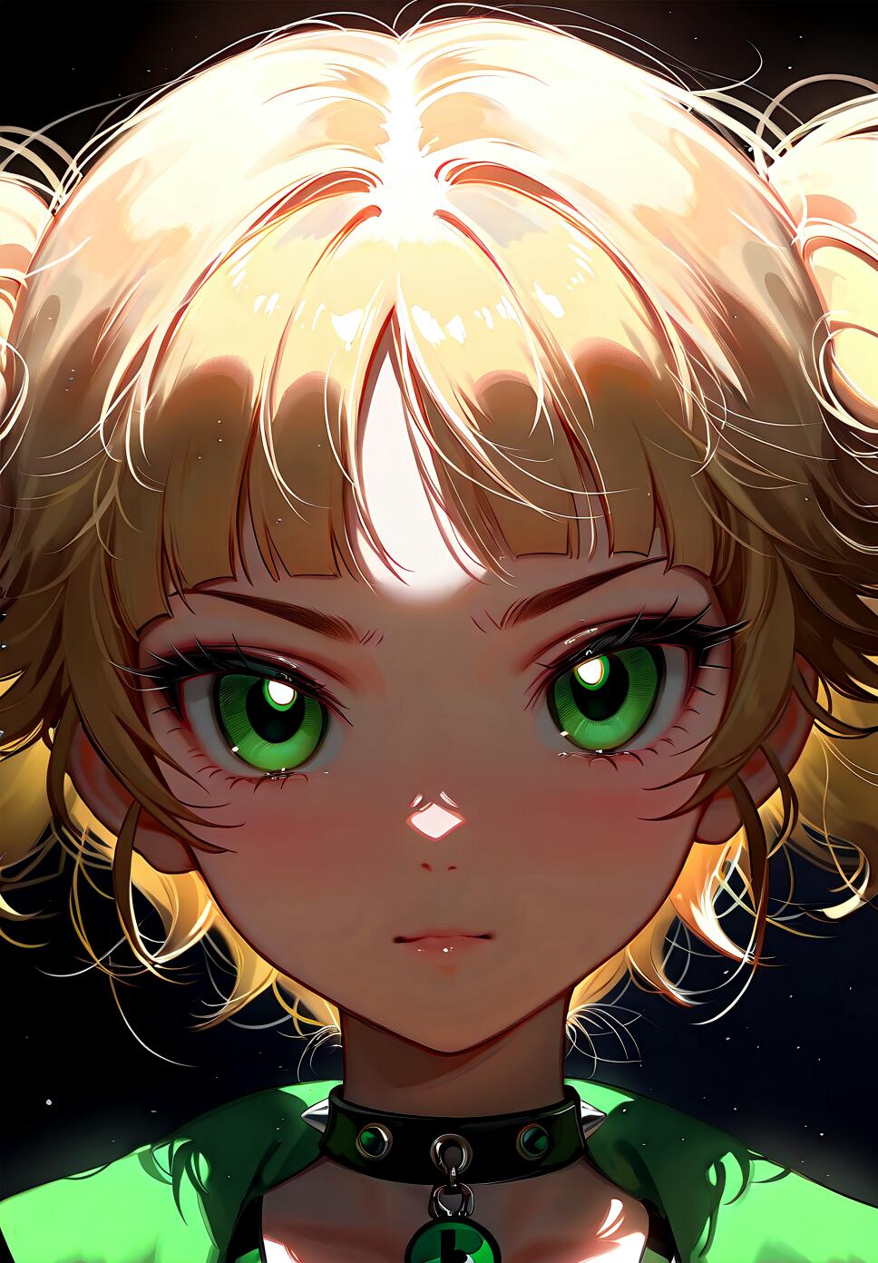A close-up digital art portrait of the anime character Kaoru Matsubara (Buttercup) from Powerpuff Girls Z. She has blonde hair in pigtails, intense green eyes, and is wearing a green top and a black choker. The lighting is dramatic against a dark background.