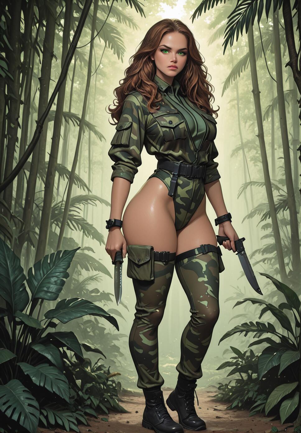 A full-body illustration of a beautiful woman with long auburn hair and green eyes, dressed as a mercenary in a revealing camouflage outfit, holding two combat knives in a dense jungle.