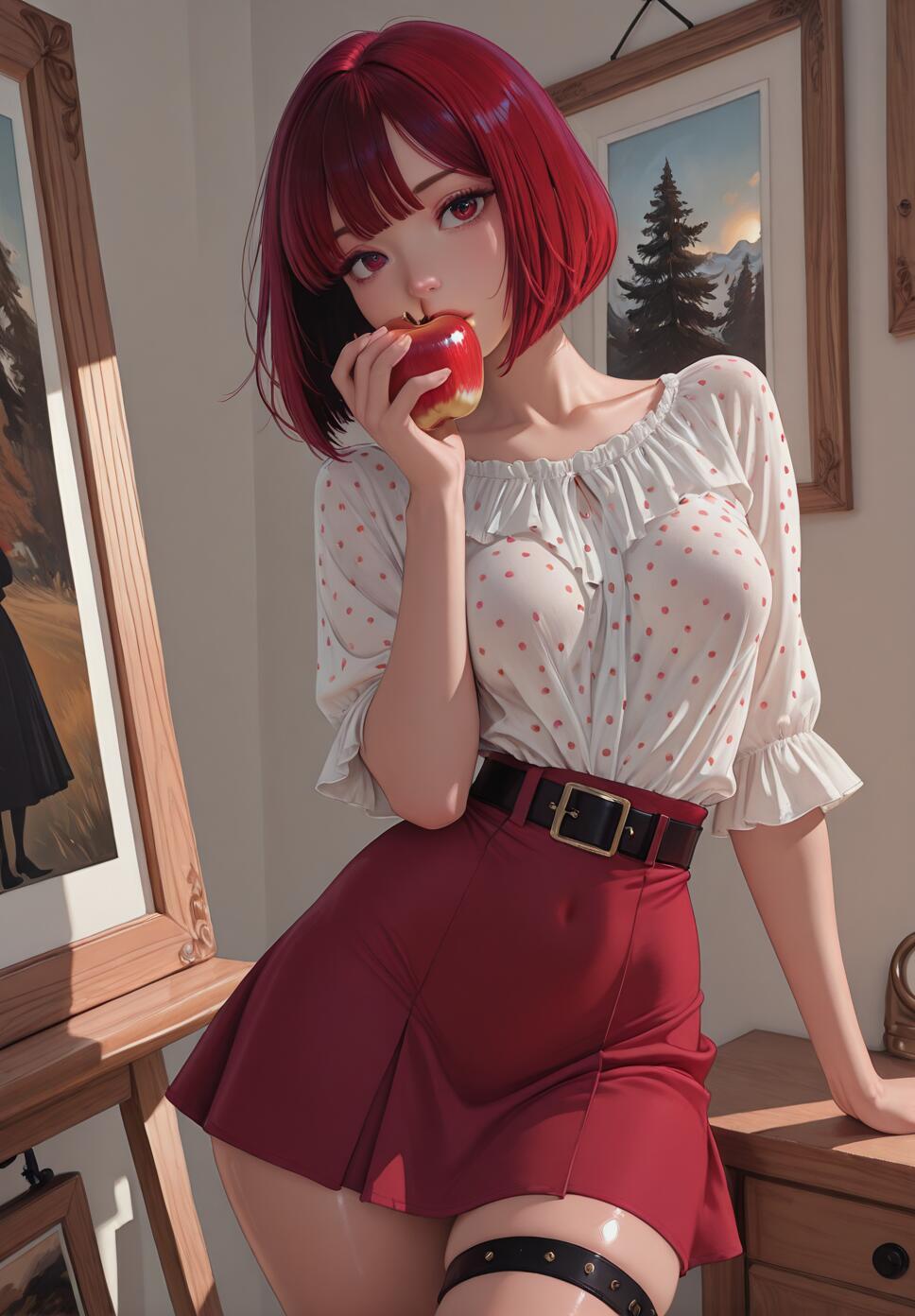An anime-style illustration of Kana Arima from Oshi no Ko, a young woman with short red hair and red eyes. She is wearing a white polka-dot shirt and a red skirt, holding a red apple to her lips while leaning in an art studio.