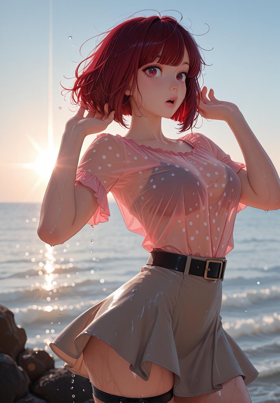 An anime illustration of Kana Arima from Oshi no Ko standing on a beach. She has short red hair and is looking surprised. Her clothes, a pink polka-dot blouse and beige skirt, are completely wet from the ocean water, with the sun setting in the background.