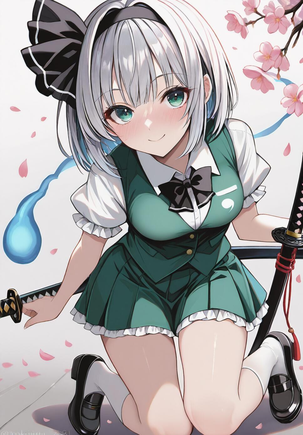 An illustration of Konpaku Youmu from Touhou Project, a silver-haired girl in a green and white uniform, kneeling with a katana as cherry blossom petals fall around her. Her blue phantom half floats beside her.