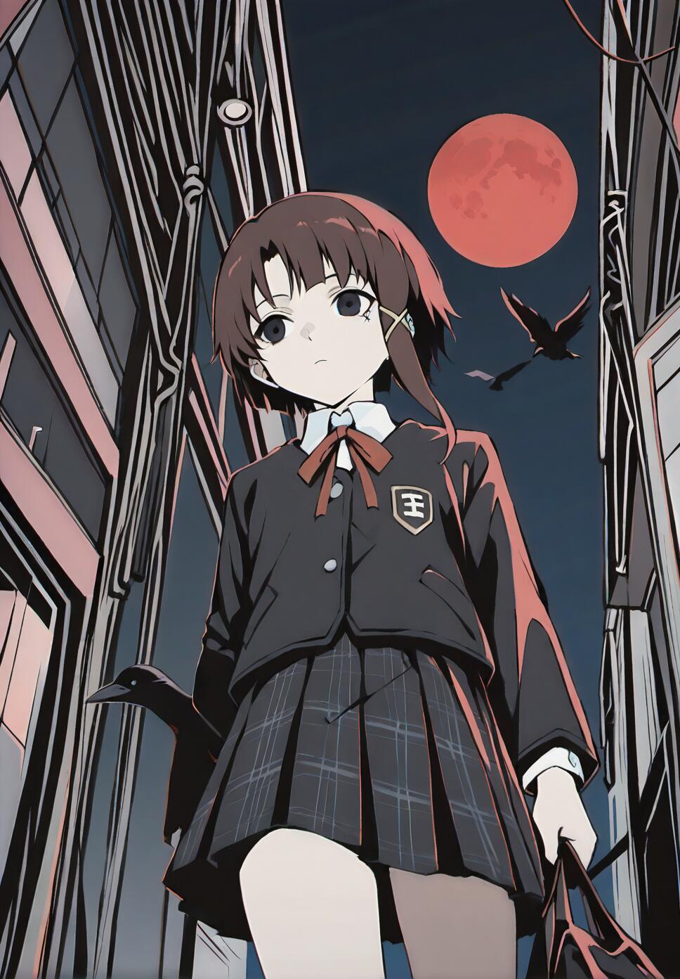 A low-angle illustration of the anime character Lain Iwakura in her school uniform, standing in a dark city alley at night. A large red moon and crows are visible in the sky above her.
