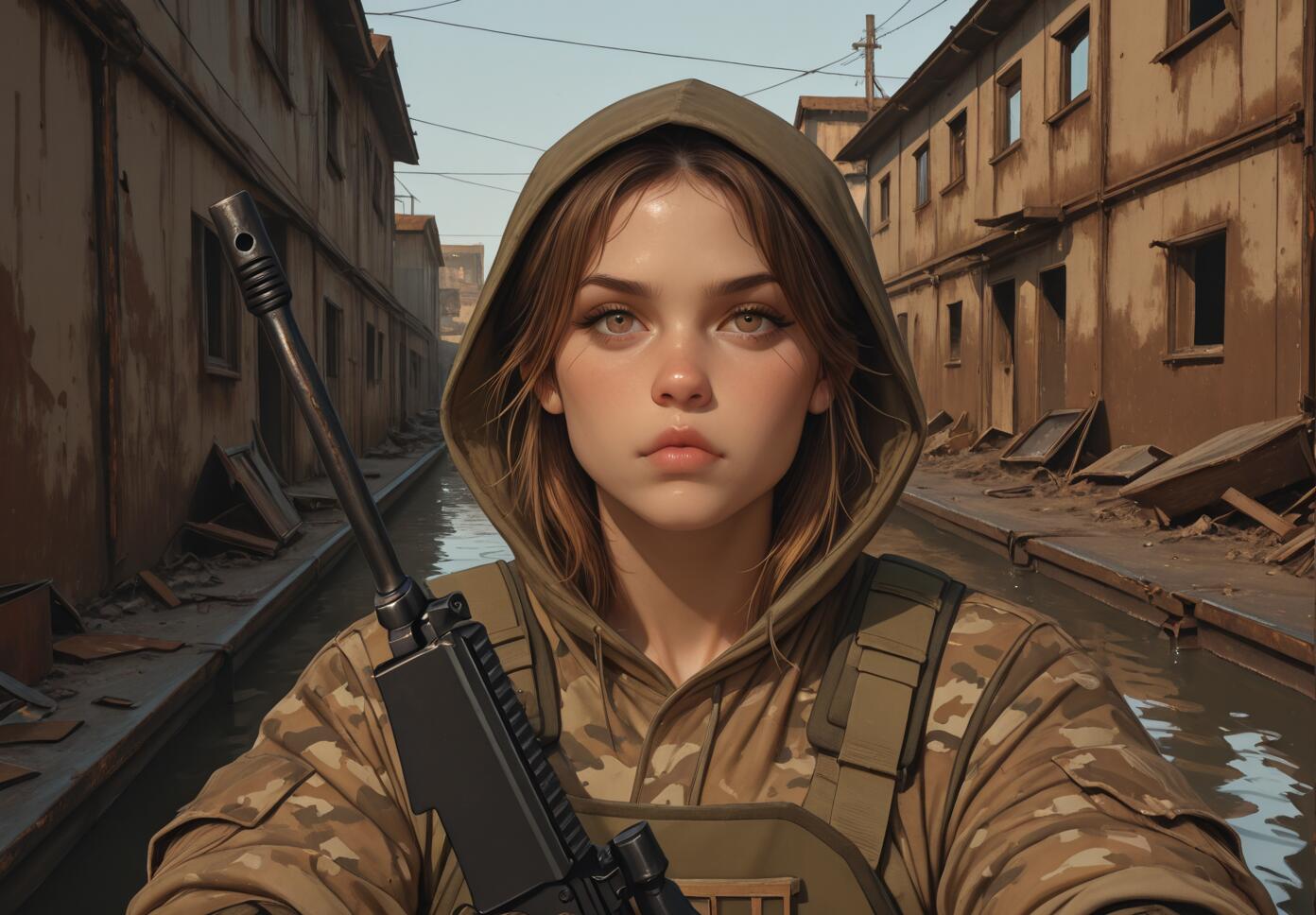 A young woman in a hooded jacket and tactical gear, holding a rifle, stands in a flooded, ruined street between dilapidated buildings.