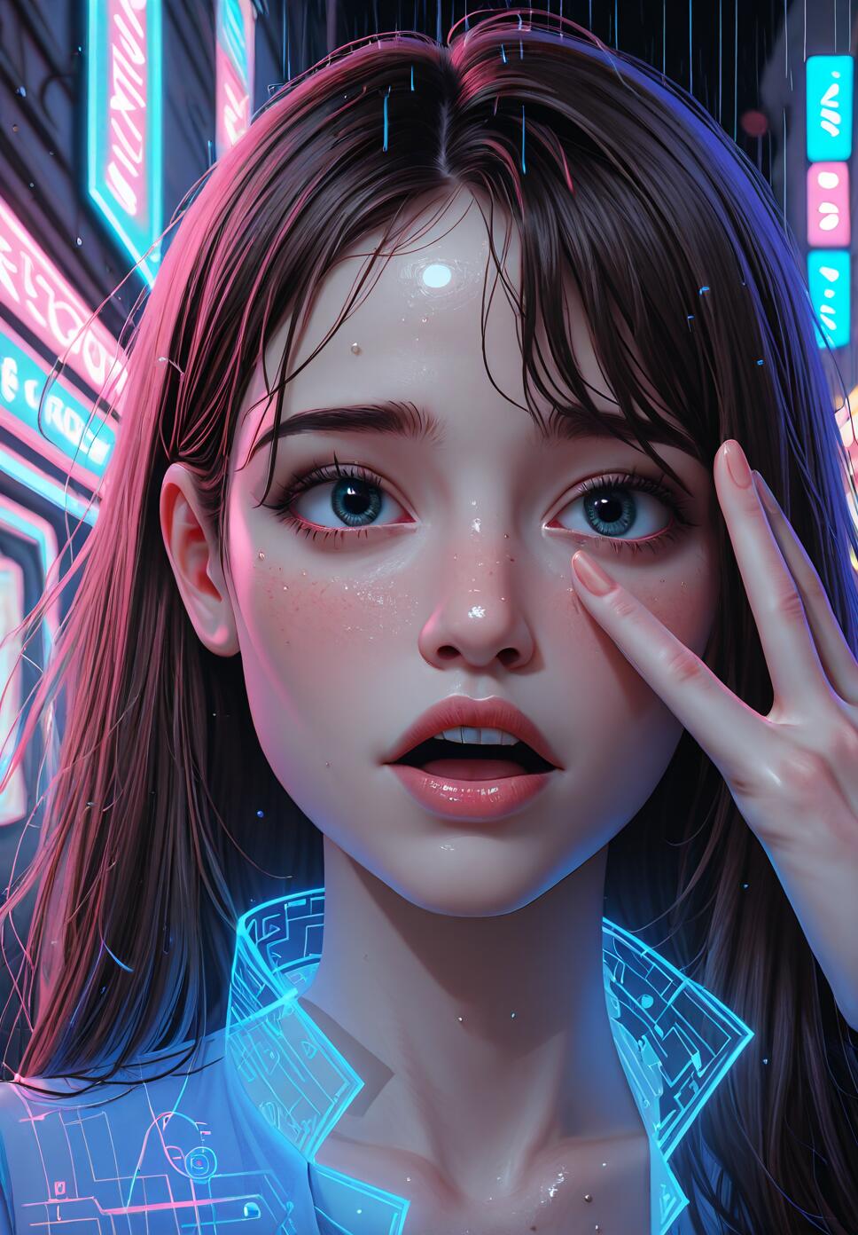 A digital art portrait of a young woman with long brown hair and wide blue eyes, looking surprised in a rainy, neon-lit cyberpunk city. Her collar glows with a blue circuit pattern as she touches her face.