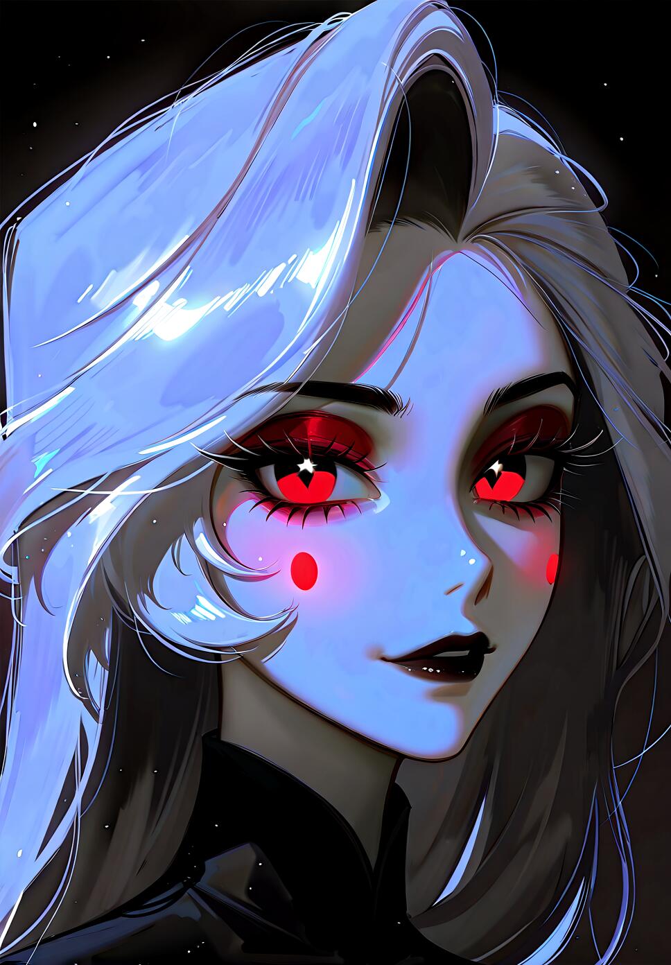 A digital art portrait of Charlie Morningstar from Hazbin Hotel. She has long, light blue hair, pale skin, and glowing red eyes with star-shaped pupils. She has red spots on her cheeks and is looking at the viewer with a slight smirk against a dark background.