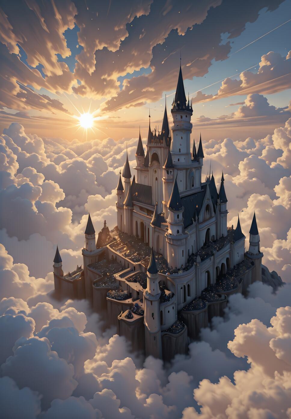 An aerial photograph of a magnificent white and grey fairytale castle with numerous towers and spires, emerging from a dense bed of clouds at sunrise or sunset.