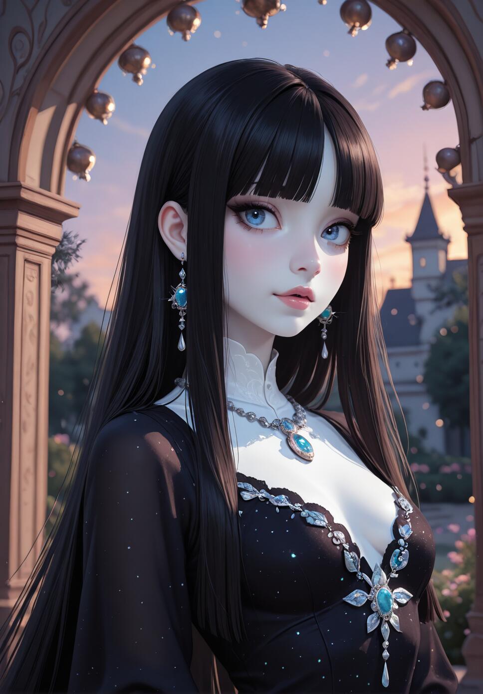 A digital illustration of a young anime-style woman with long black hair and blue eyes, wearing an elegant black jeweled dress and standing in front of an archway with a castle in the background during twilight.