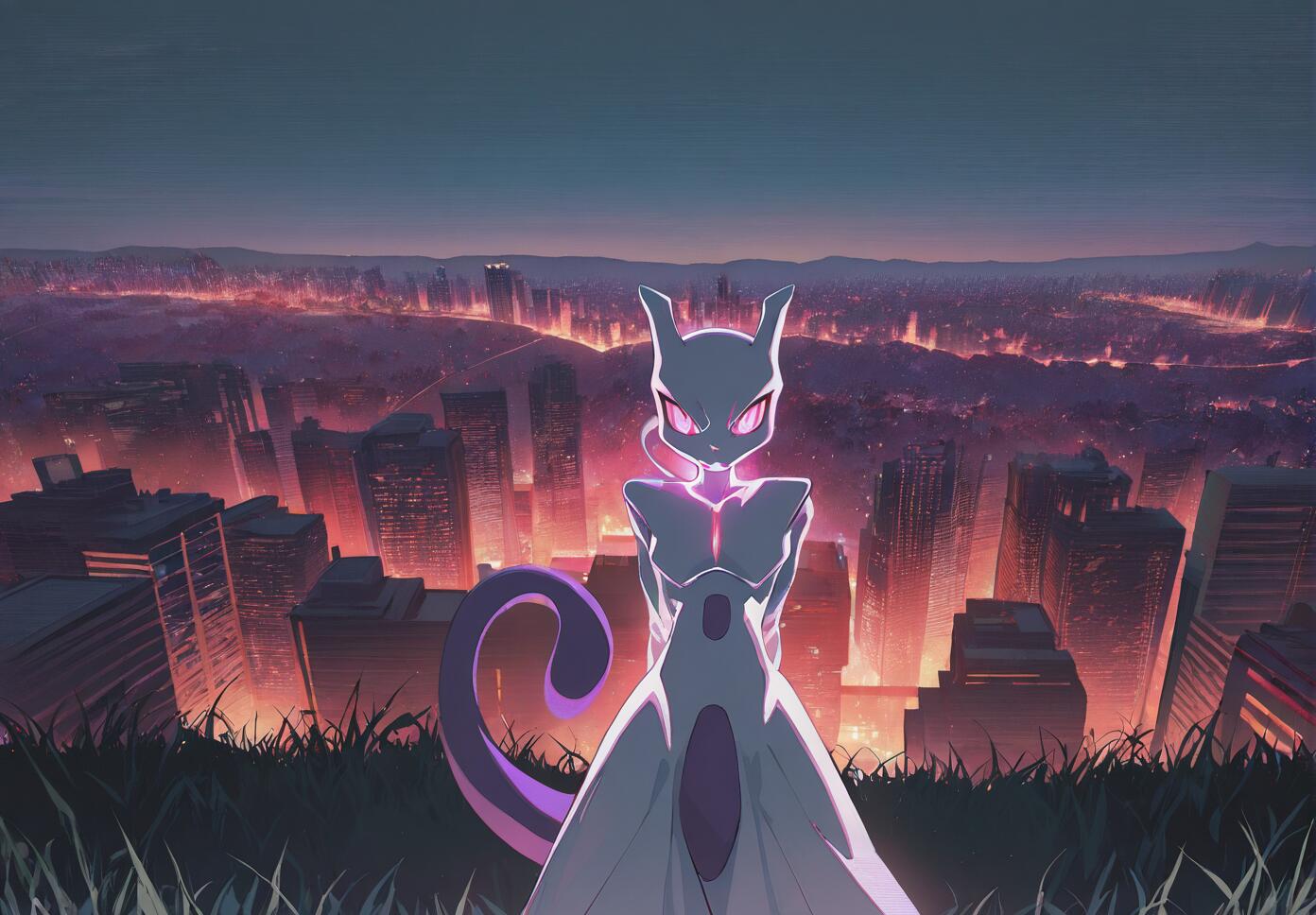 The Pokémon Mewtwo stands on a grassy hill, looking forward with glowing purple eyes, with a vast, brightly lit cityscape stretching out behind it at dusk.