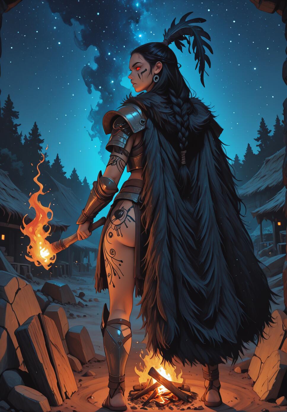 A female shaman with braided black hair and glowing red eyes, wearing armor and a fur cloak, stands in a tribal village at night, holding a flaming torch with a starry sky above.