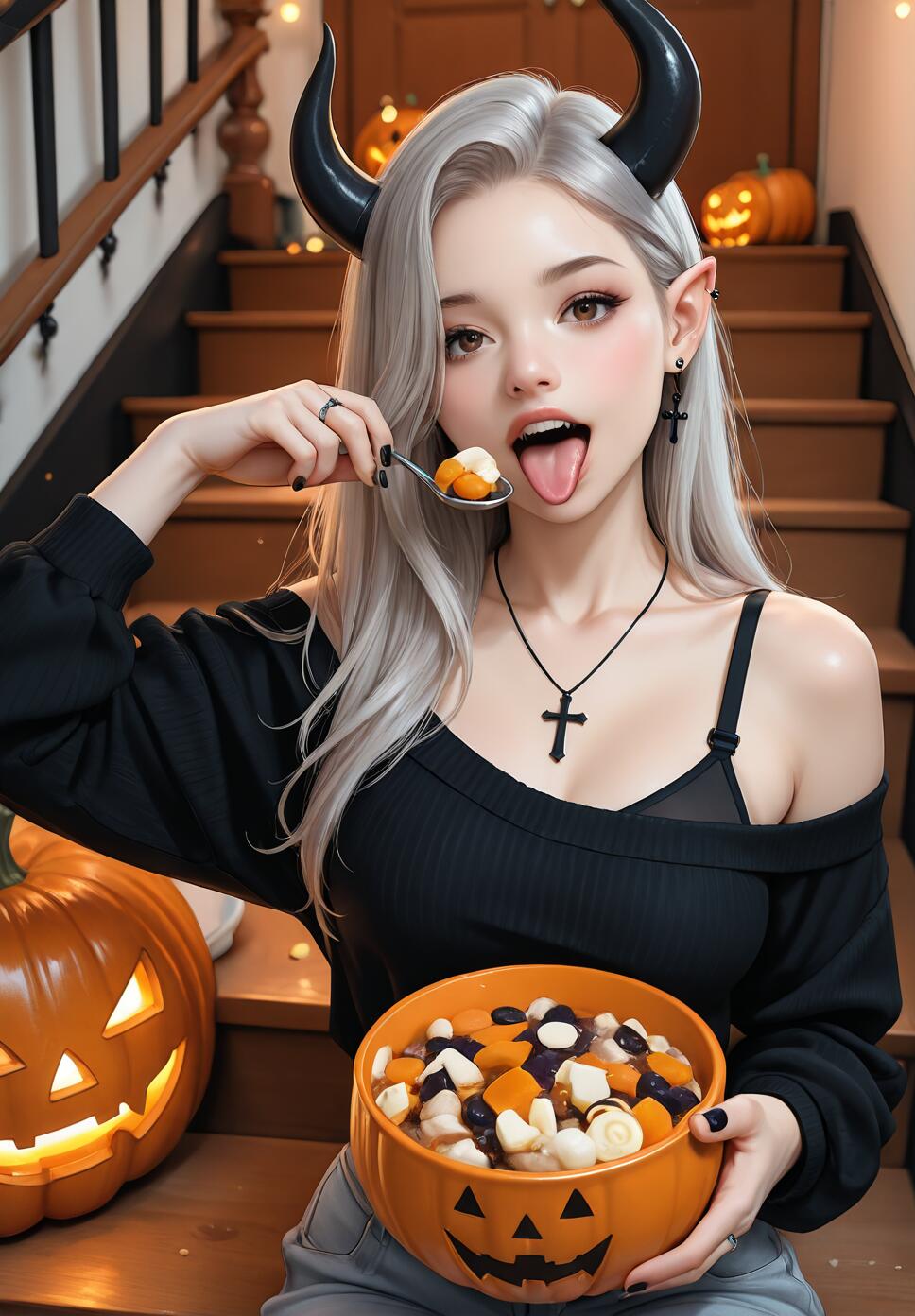 A woman with silver hair and black demon horns in a Halloween costume, sitting on stairs and playfully eating candy from a jack-o'-lantern bowl.