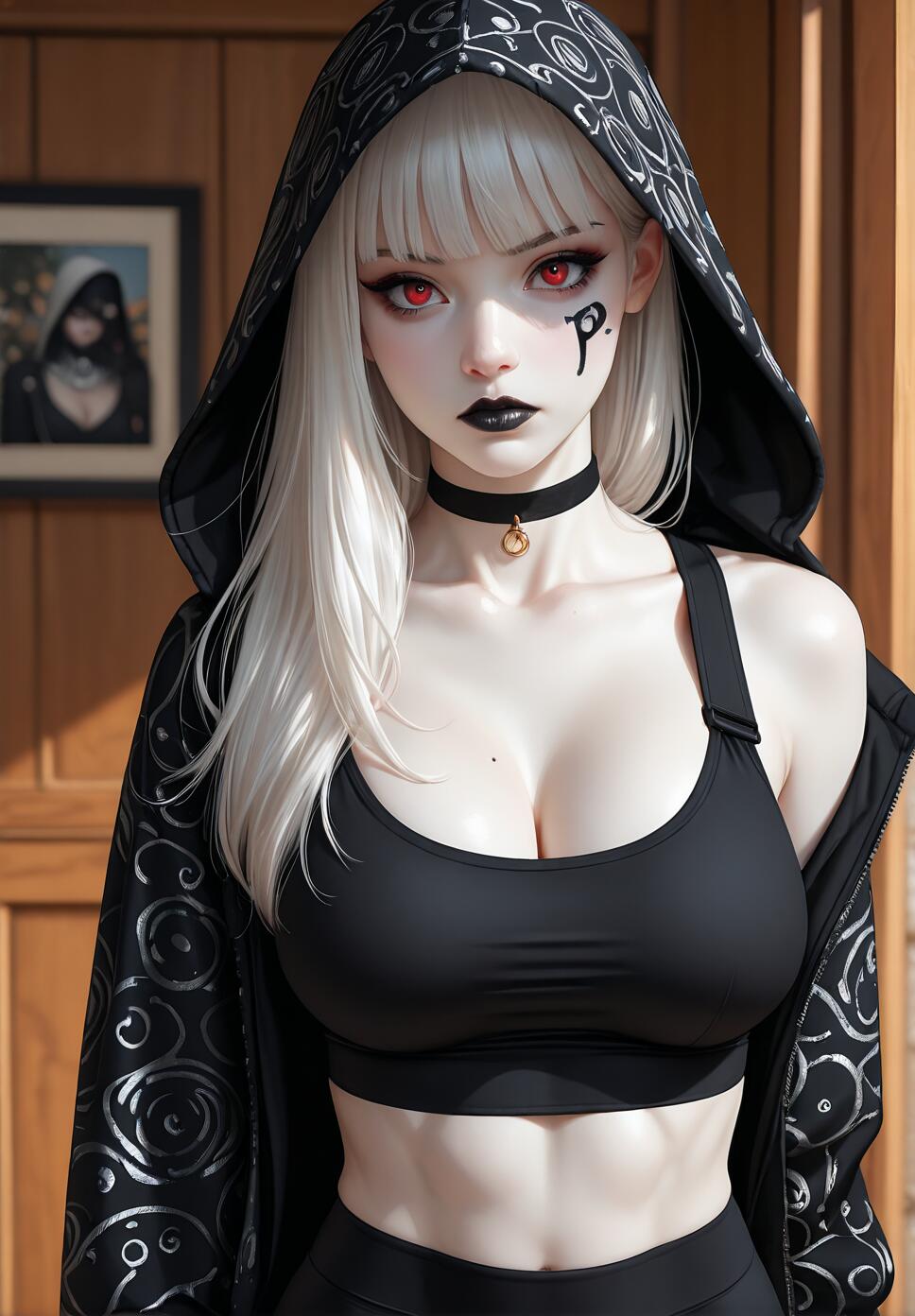 A front-facing portrait of a woman with long white hair and glowing red eyes, wearing a black sports bra and an open patterned hoodie. She has black lipstick and a tattoo on her cheek.