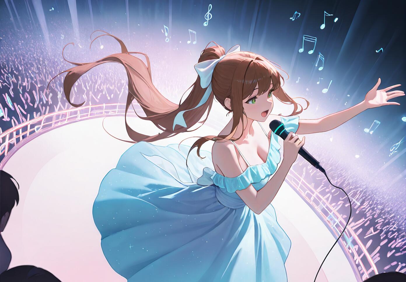 An anime-style illustration of Monika from Doki Doki Literature Club! singing on a concert stage. She has long brown hair in a ponytail with a white bow and wears a light blue dress while holding a microphone in front of a huge crowd.