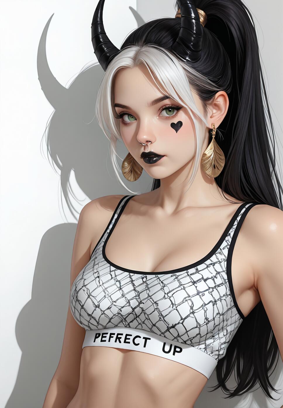 A digital illustration of a young woman with black horns, split black and white hair, green eyes, and a heart on her cheek, wearing a white and black patterned sports bra against a plain white background.