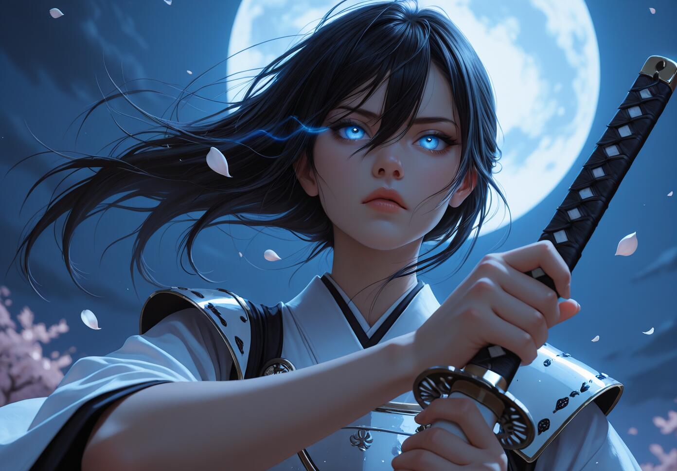 A young female samurai with black hair and glowing blue eyes holds a katana in front of a large full moon at night, with white petals floating around her.