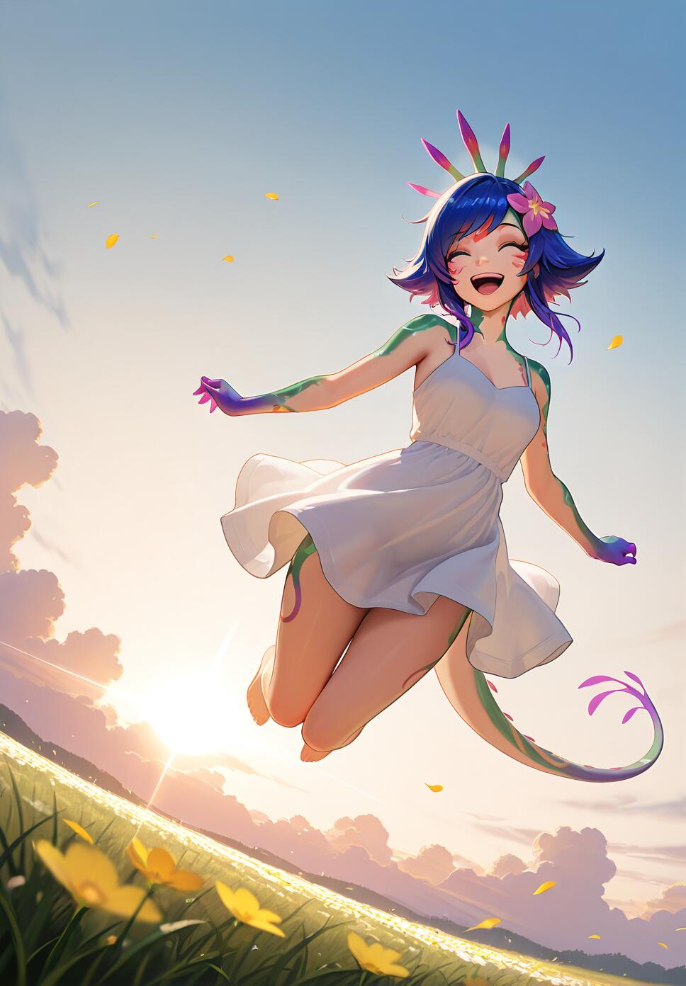 Neeko from League of Legends, a cheerful chameleon girl with blue hair and a tail, jumps happily in a sunny field of yellow flowers while wearing a white dress.