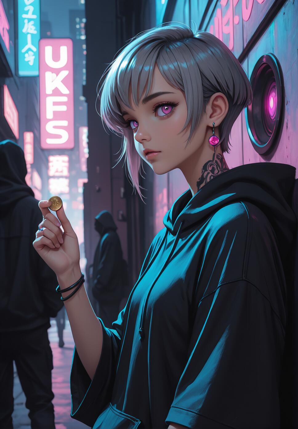 An anime-style illustration of a young woman with short grey hair and purple eyes in a cyberpunk city. She wears a black hoodie, has a neck tattoo, and holds a gold coin while leaning against a wall lit by neon signs.