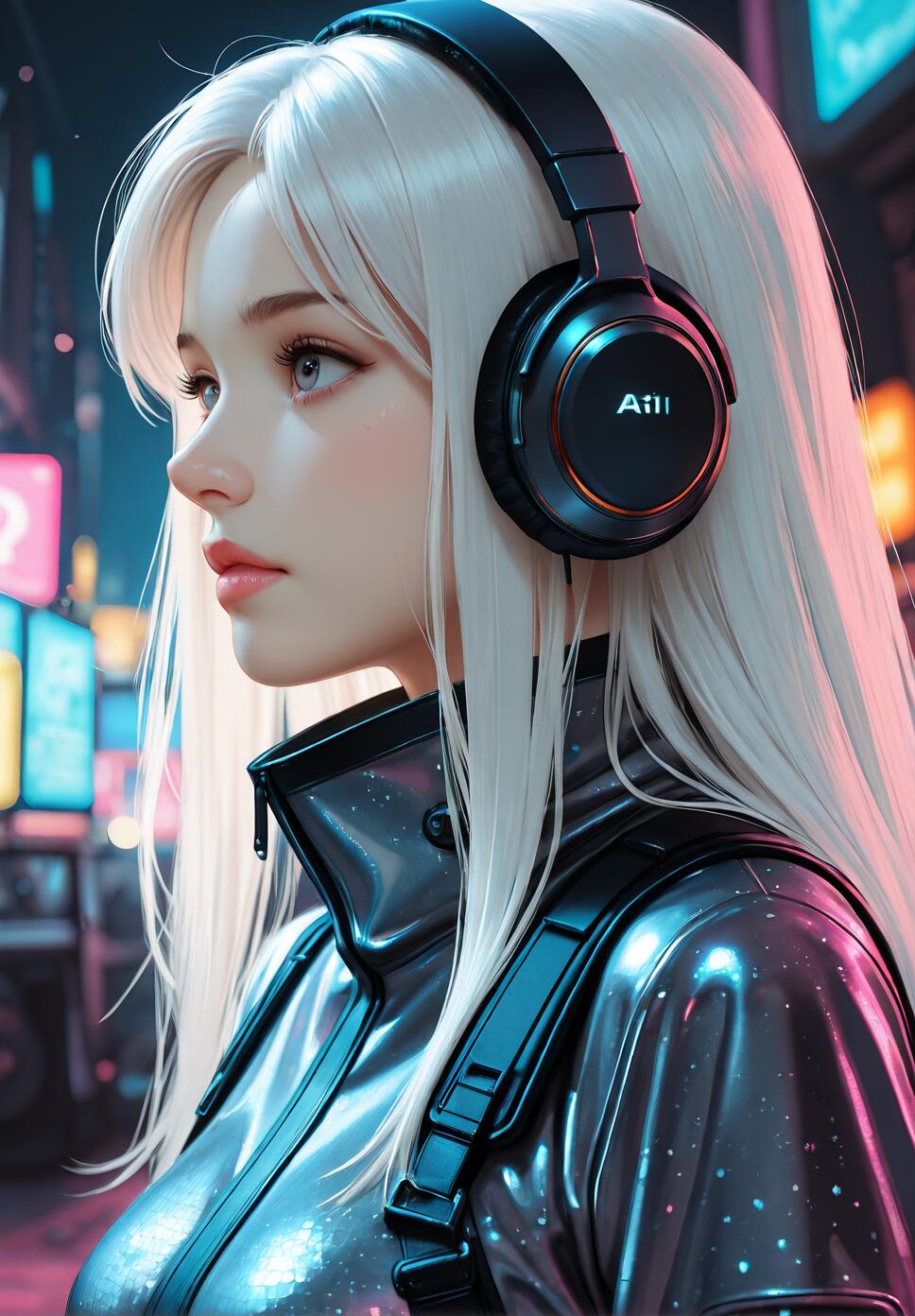 A young woman with long white hair in a three-quarter profile view, wearing black over-ear headphones and a futuristic shiny jacket, set against a blurry background of neon city lights.