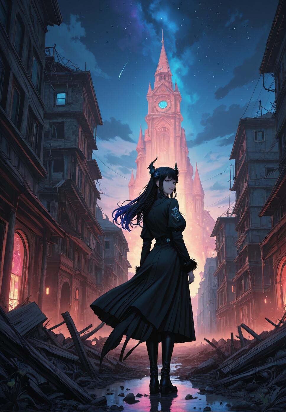 Digital art of Nerissa Ravencroft, a girl with black hair and horns, in a long black coat standing in a ruined city at twilight. She is looking back at the viewer, with a large, illuminated clock tower and a starry sky in the background.