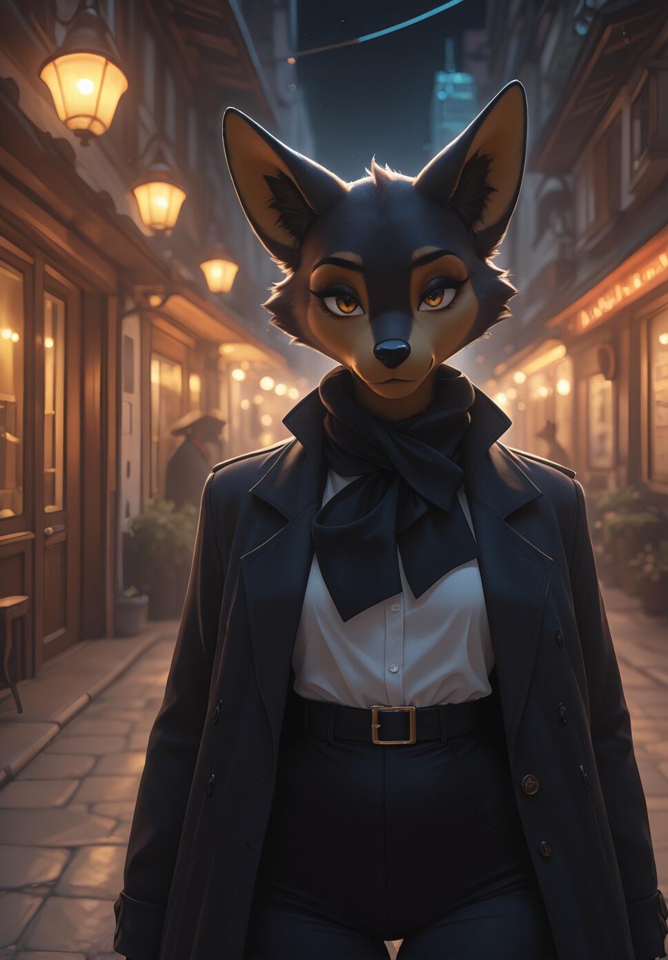 An anthropomorphic female fox with black and tan fur, dressed in a black trench coat and white shirt, standing in the middle of a warmly lit, narrow cobblestone street at night.