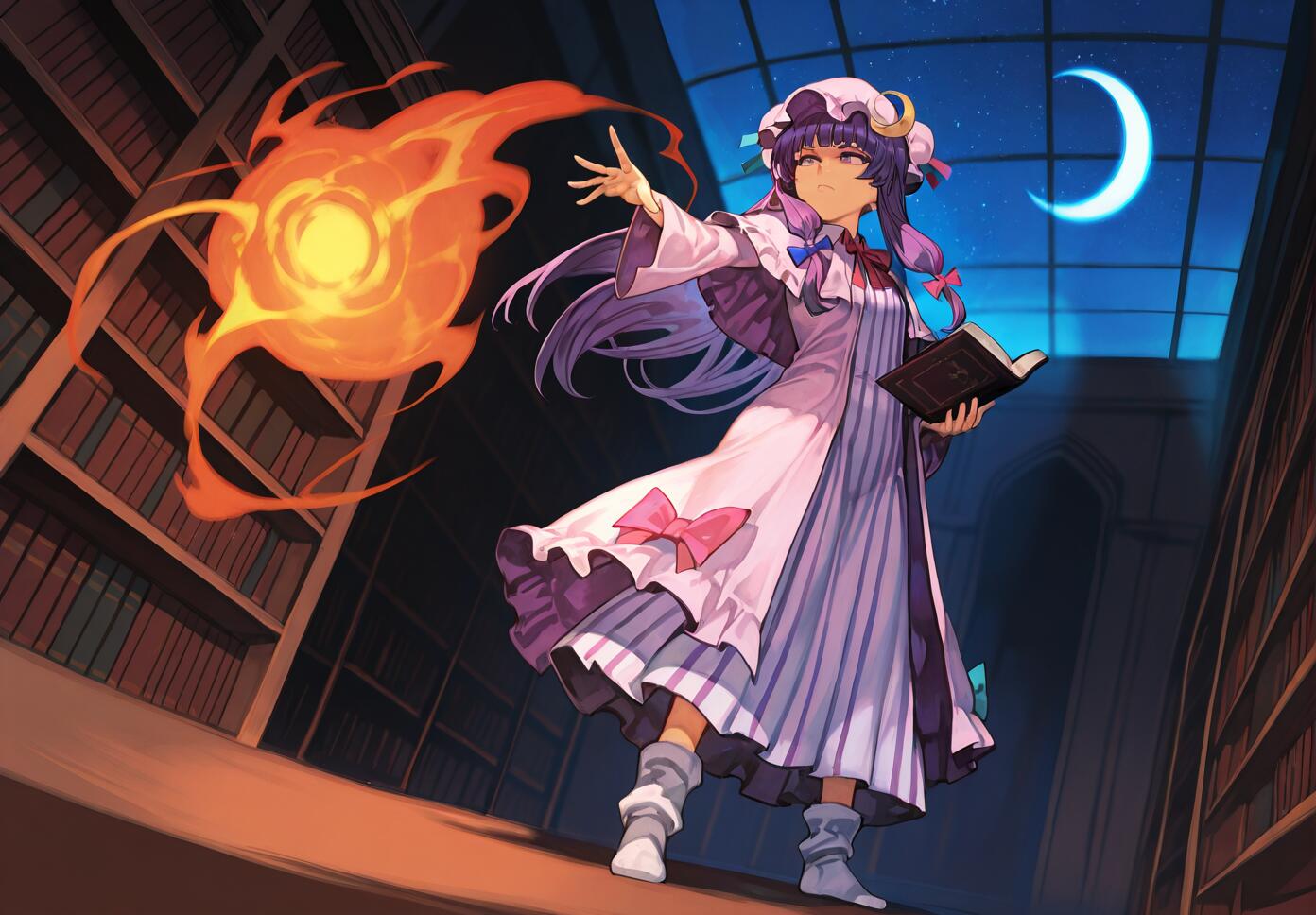 A girl with long purple hair, identified as Patchouli Knowledge, stands in a vast library at night, casting a large fireball with one hand while holding a book in the other.