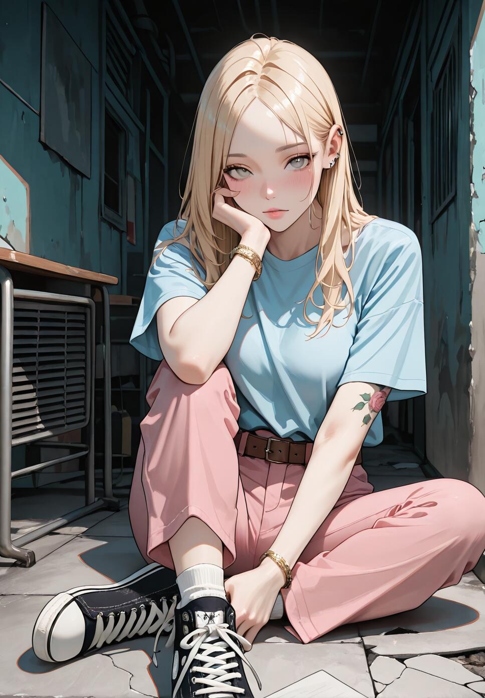 A full-body illustration of a young woman with long blonde hair and grey eyes sitting on the floor of a dark, urban hallway. She is wearing a light blue t-shirt, pink pants, and black sneakers, and is looking at the camera with her chin resting on her hand.