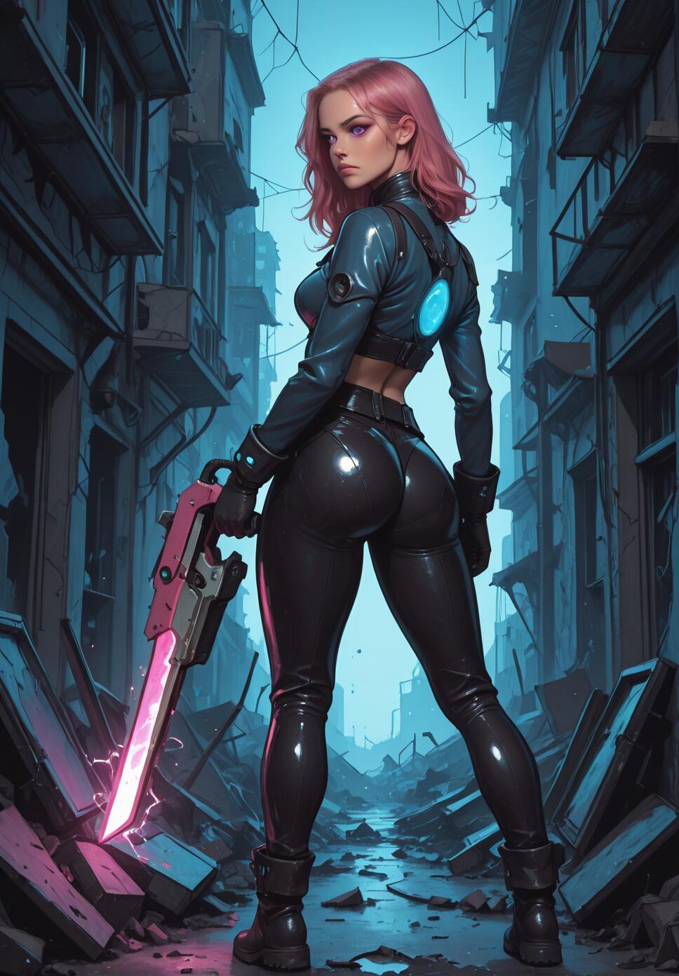 A full-body illustration of a woman with pink hair in a tight black outfit, standing in a ruined city alley. She holds a large glowing pink sword and looks over her shoulder at the viewer.